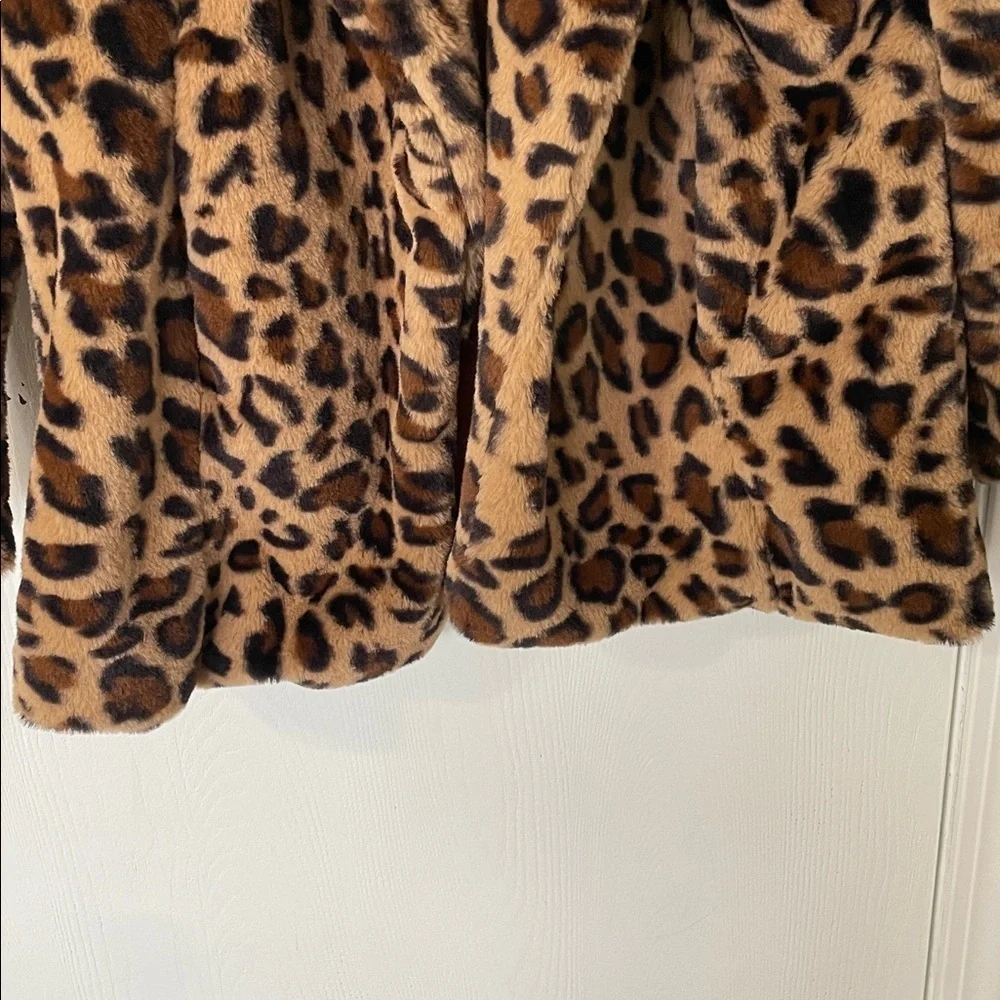 💰Leopard Print Faux Fur Teddy Coat Cropped Open Front Lined Size Small